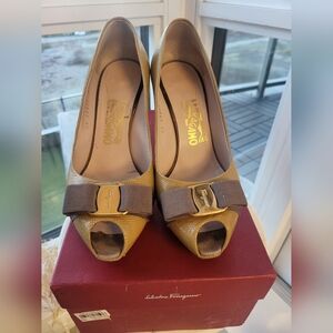 Salvatore Ferragamo Gold Peep-Toe Heels